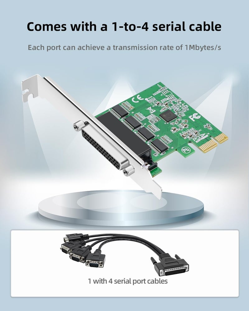Buacoz PCIe to 4 Port RS232 Serial Expansion Card - 9-Pin DB9 COM Port Adapter for Industrial PCs, 4X RS232 Ports Converter with Plug and Play, Support Windows/Linux - Image 5